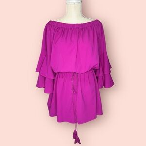 SHE + SKY Fuchsia Off-Shoulder Ruffle Sleeve Romper – Size XL NWOT